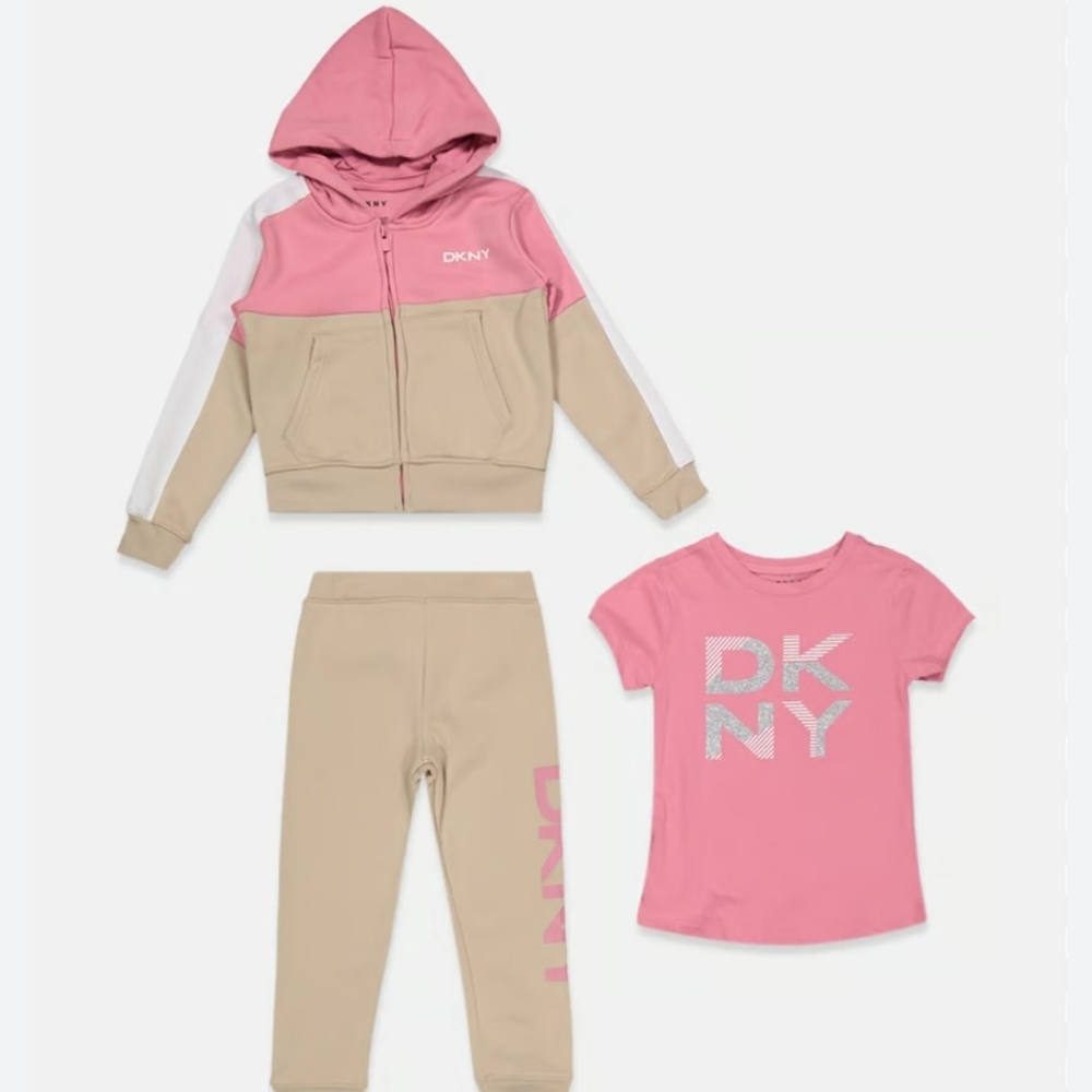 DKNY Girls 3-Piece Athletic Fleece Zip Sweatshirt Hoodie and Jogger Set